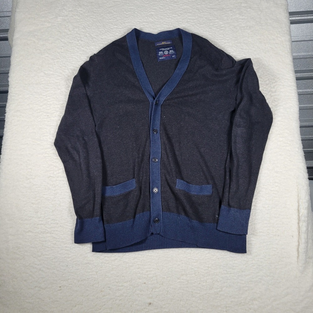 American Eagle Cardigan Mens Size Small Gray Blue Athletic Fit Cotton V-Neck